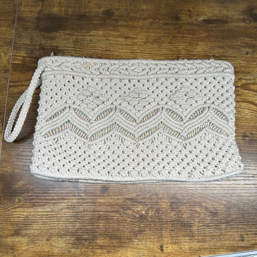 Vintage Macrame Wristlet Clutch Cream Boho Zigzag Rainbow Bag Handcrafted